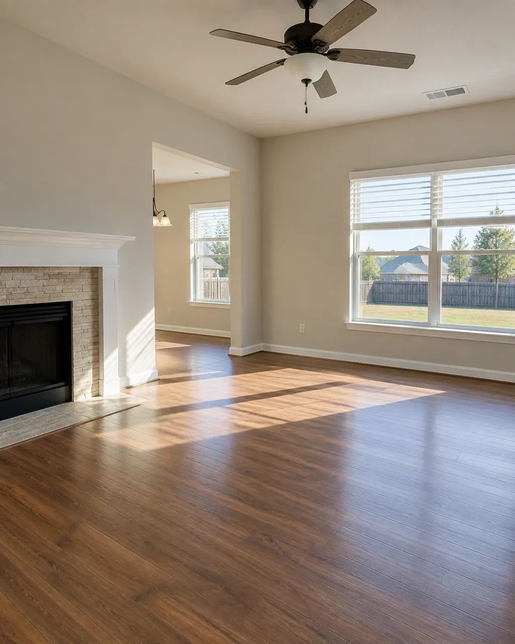 A simply finished living room inside a North Texas rental home