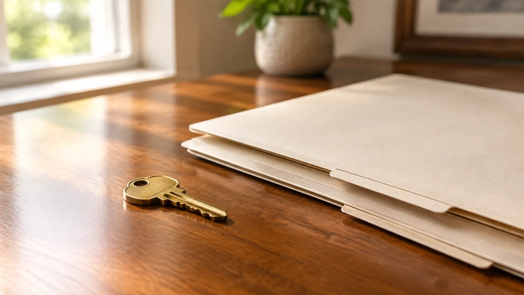 A brass house key beside closing folders on a wood table
