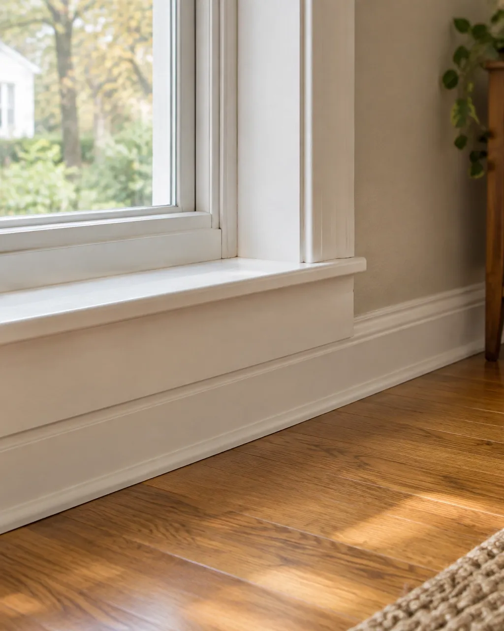 Close detail of repaired trim and warm flooring inside a North Texas home