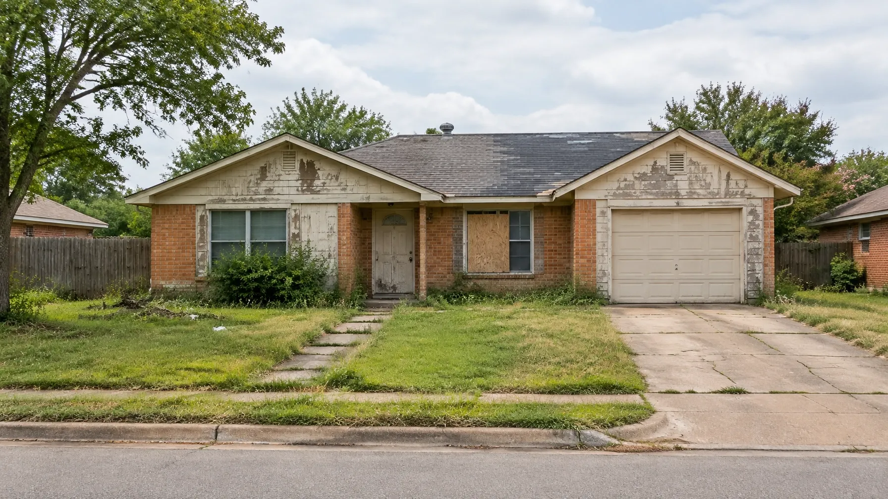 An older North Texas home with weathered exterior and mature grass